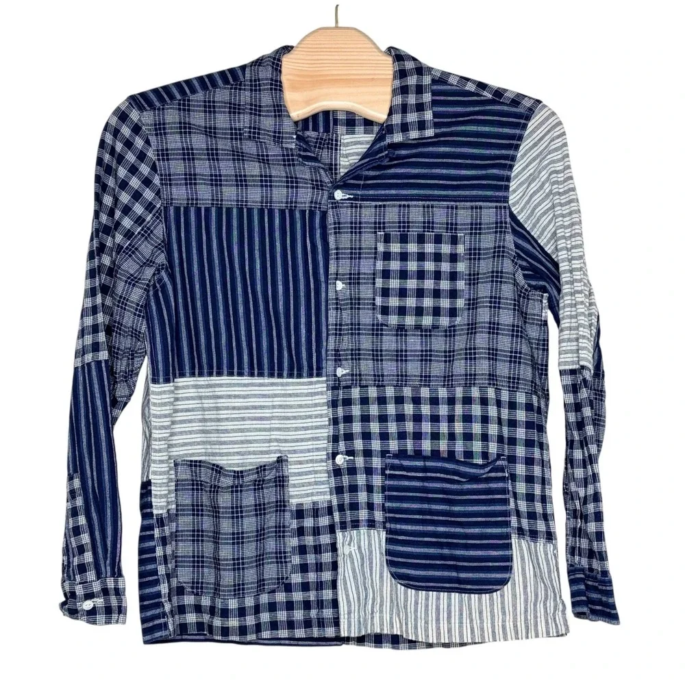 Wallace & Barnes Shacket XL Indigo Blue Patchwork Cotton Linen Camp Collar BF787